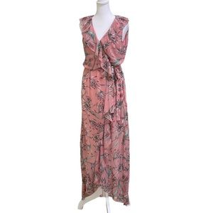 Japna Blush Pink Floral Wrap Maxi Dress Sz M Flowy Chiffon Poly Sleeveless